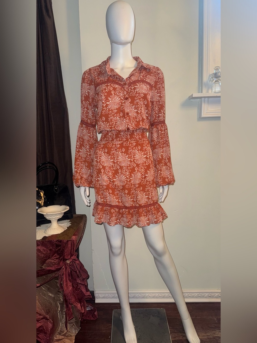 Women's Rust Floral Ruffle Mini Dress